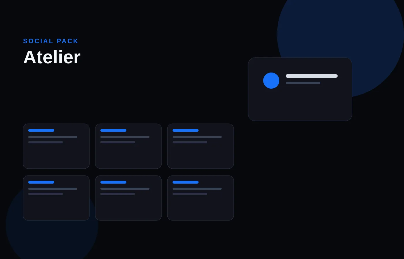Preview of the Atelier social pack, a grid of dark post frames with blue labels.