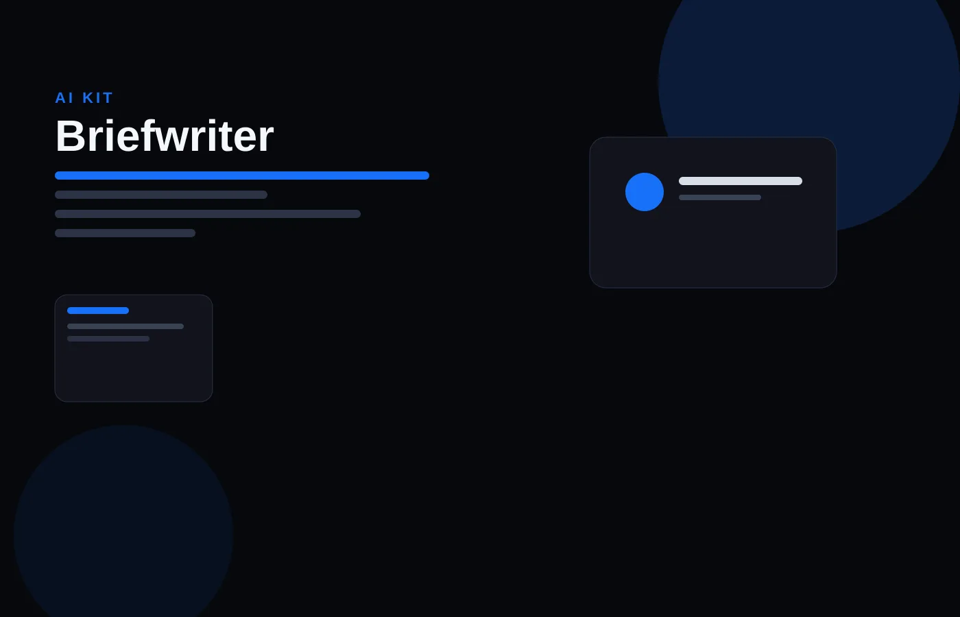 Preview of Briefwriter, a dark document layout with section bars and a blue accent.