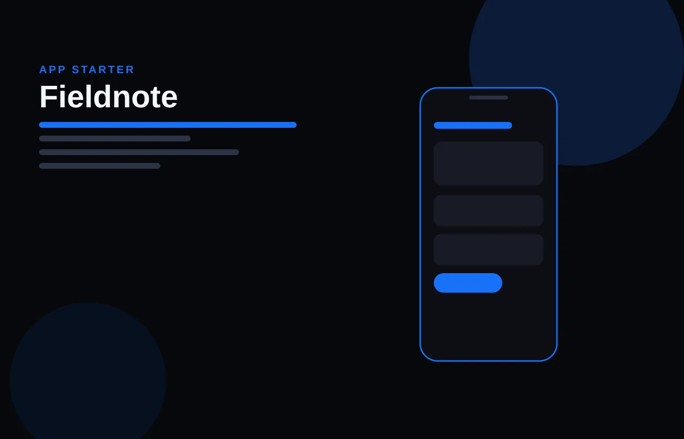 Preview of the Fieldnote app starter, a phone screen with note rows on a dark background.