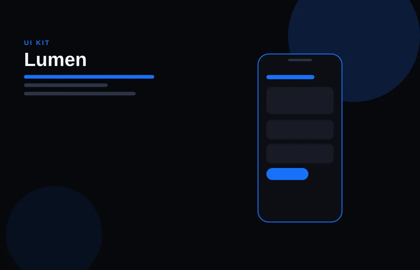Preview of the Lumen mobile UI kit, a phone frame with list rows and a blue button.