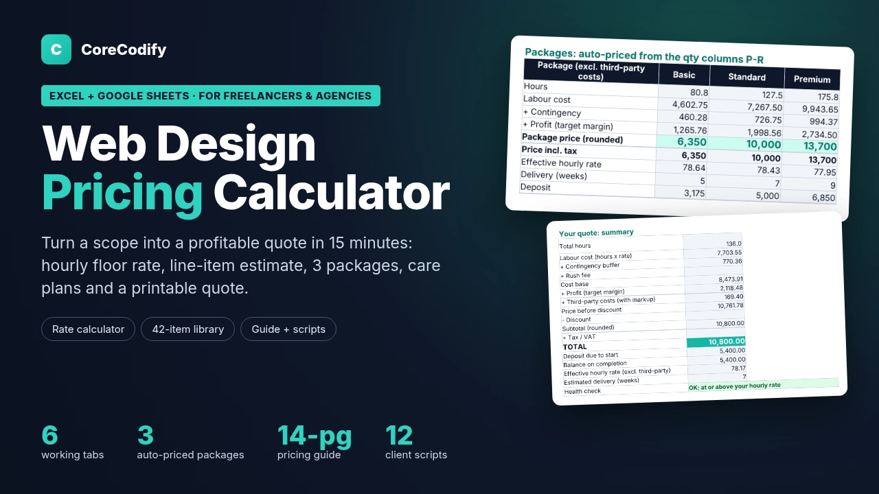 Web Design Pricing Calculator cover, with package prices and a quote summary