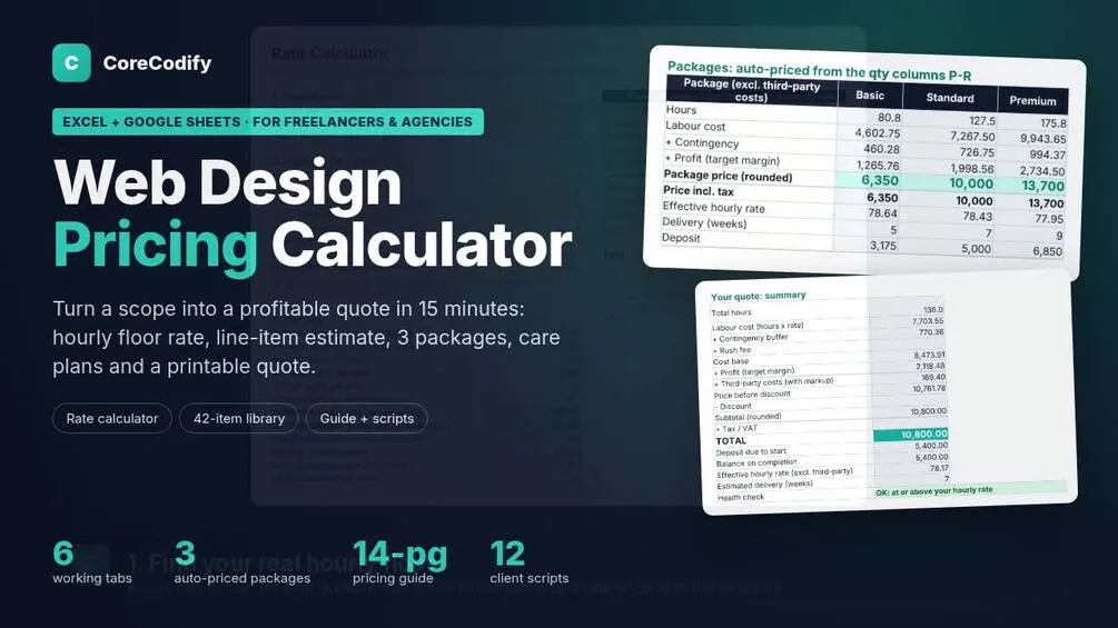 Web Design Pricing Calculator: Project Quotes, Packages, Hourly Rate & Care Plans (Excel + Sheets)
