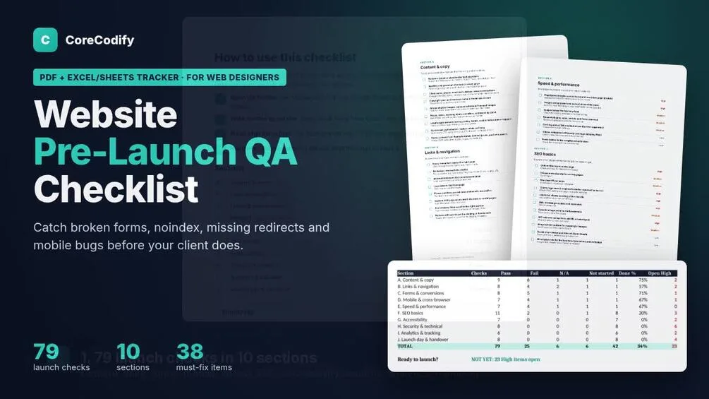 Website Pre-Launch QA Checklist: 79 Checks + Excel/Sheets Tracker for Web Designers